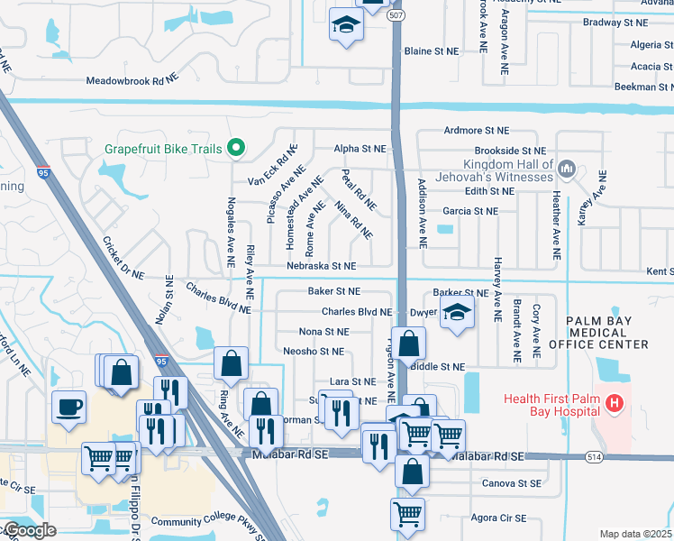map of restaurants, bars, coffee shops, grocery stores, and more near 1614 Nebraska Street Northeast in Palm Bay