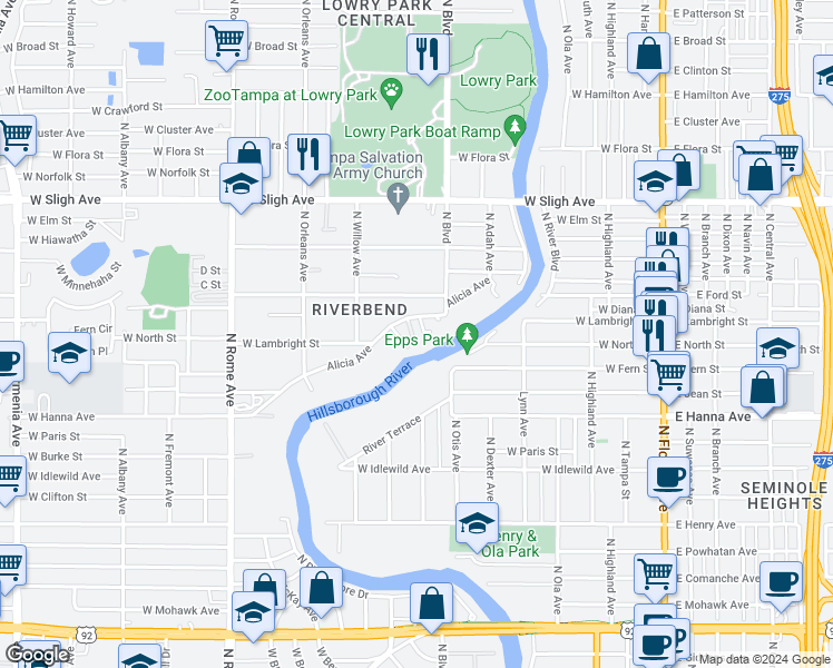 map of restaurants, bars, coffee shops, grocery stores, and more near 6603 North Riviera Manor Drive in Tampa