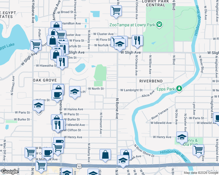 map of restaurants, bars, coffee shops, grocery stores, and more near 6505 North Packwood Avenue in Tampa