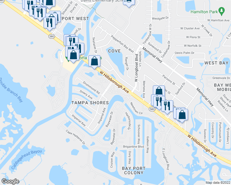 map of restaurants, bars, coffee shops, grocery stores, and more near 6348 East Longboat Boulevard in Tampa