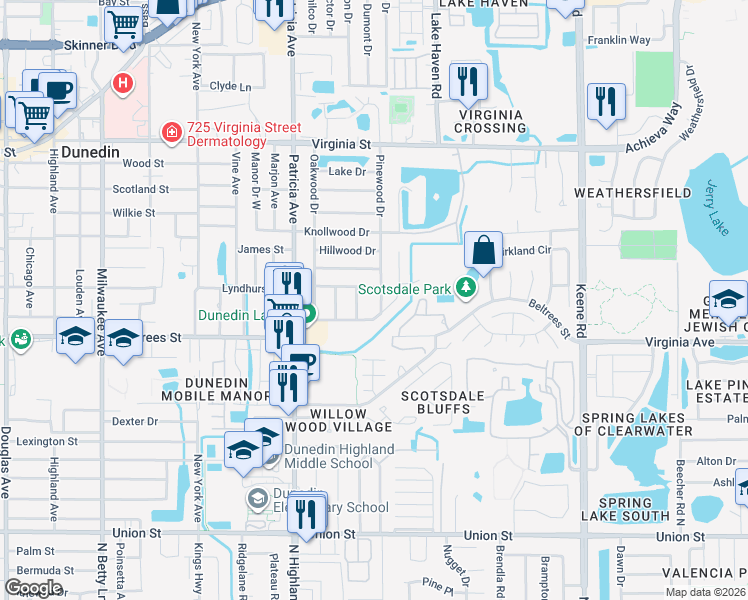 map of restaurants, bars, coffee shops, grocery stores, and more near 493 Pinewood Drive in Dunedin