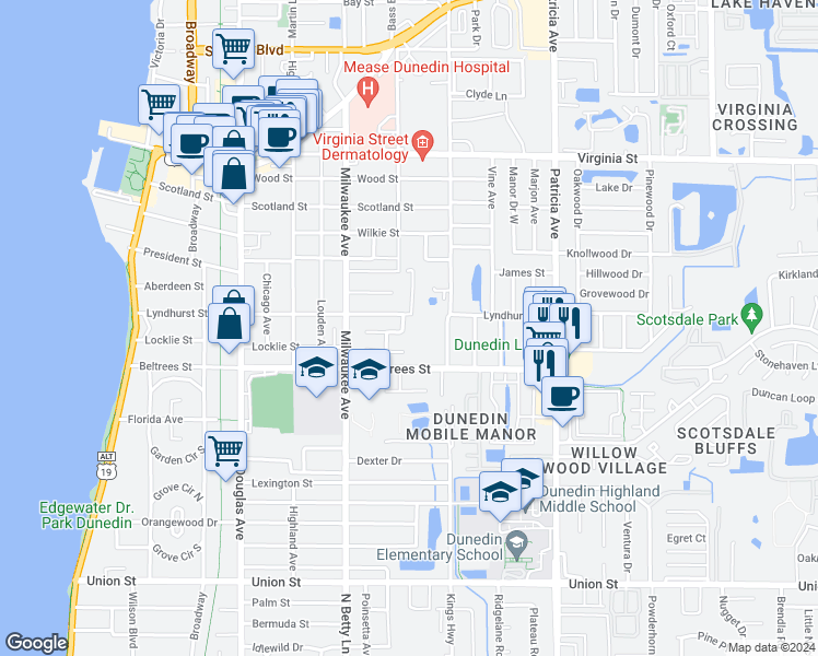 map of restaurants, bars, coffee shops, grocery stores, and more near 633 Lyndhurst Street in Dunedin