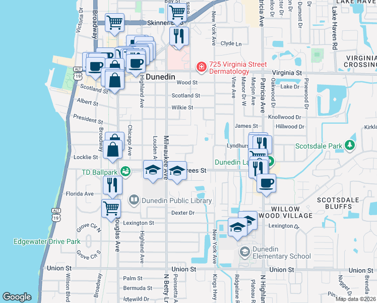 map of restaurants, bars, coffee shops, grocery stores, and more near 633 Lyndhurst Street in Dunedin