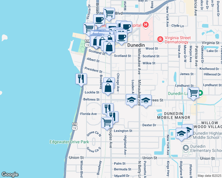 map of restaurants, bars, coffee shops, grocery stores, and more near in Dunedin