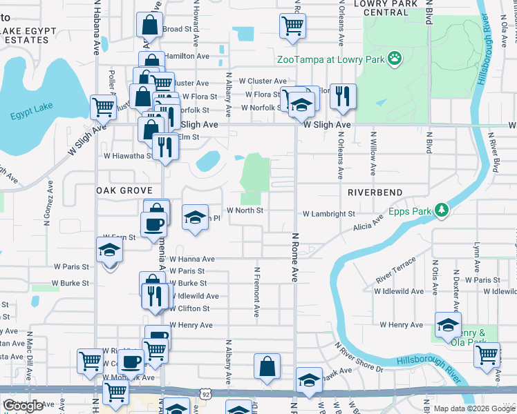 map of restaurants, bars, coffee shops, grocery stores, and more near 1926 West Diana Street in Tampa