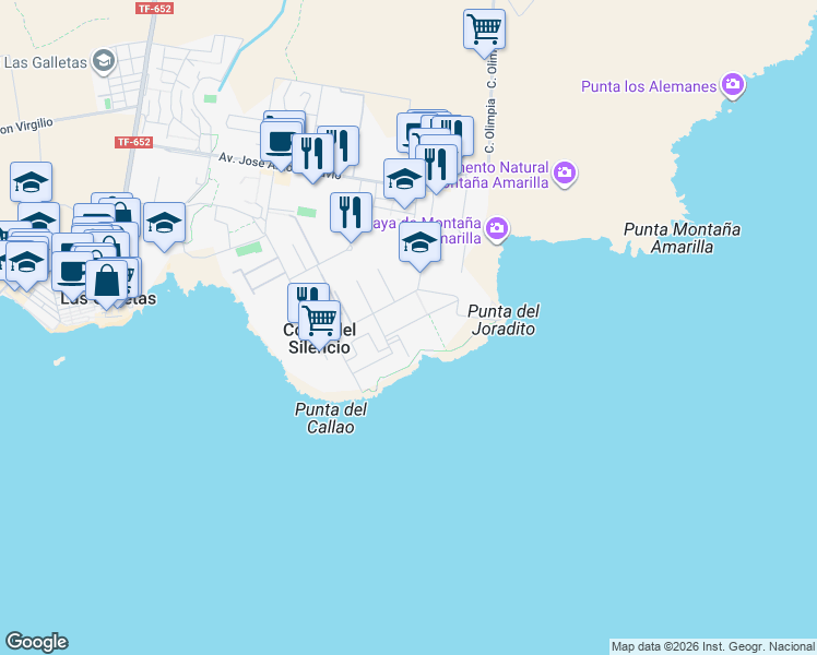 map of restaurants, bars, coffee shops, grocery stores, and more near 3 Calle Odisea in Arona