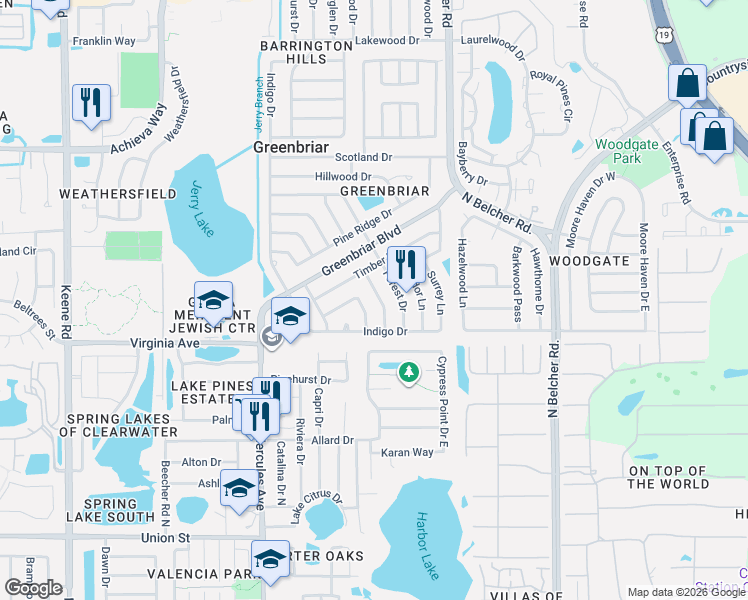 map of restaurants, bars, coffee shops, grocery stores, and more near 2337 Black Oak Lane in Clearwater