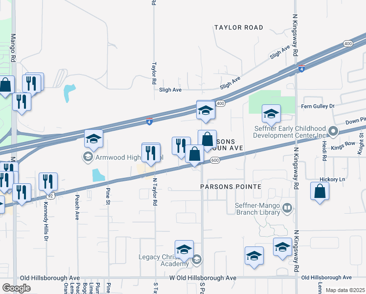 map of restaurants, bars, coffee shops, grocery stores, and more near Rollinwood Oak Lane in Seffner