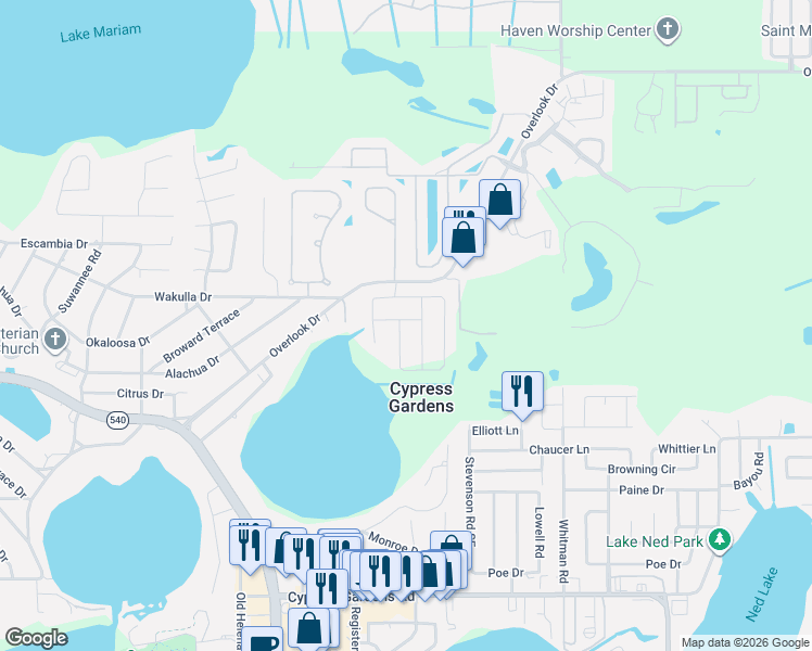 map of restaurants, bars, coffee shops, grocery stores, and more near 500-613 Overlook Drive in Cypress Gardens