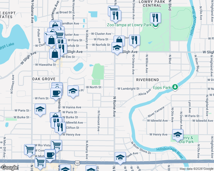 map of restaurants, bars, coffee shops, grocery stores, and more near 6505 North Packwood Avenue in Tampa