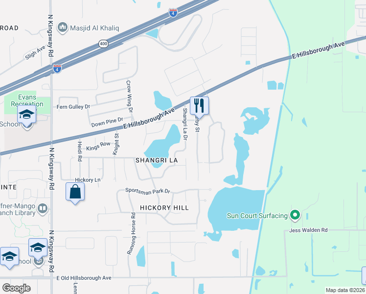 map of restaurants, bars, coffee shops, grocery stores, and more near 902 Shangri La Drive in Seffner