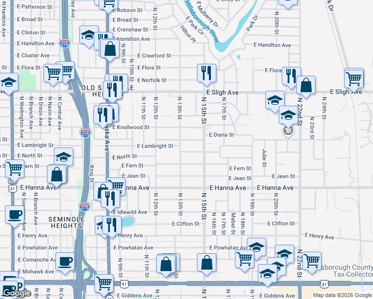 map of restaurants, bars, coffee shops, grocery stores, and more near 1306 East Lambright Street in Tampa