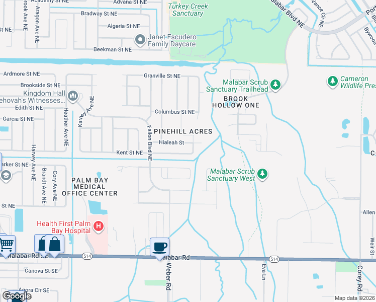 map of restaurants, bars, coffee shops, grocery stores, and more near 2285 Kent Street Northeast in Palm Bay