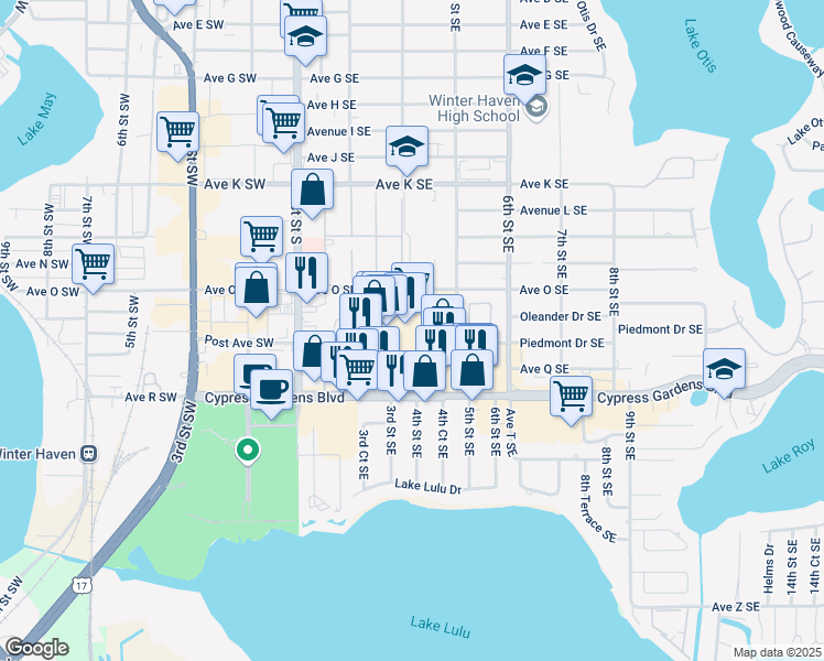 map of restaurants, bars, coffee shops, grocery stores, and more near 355 Cypress Gardens Boulevard in Winter Haven