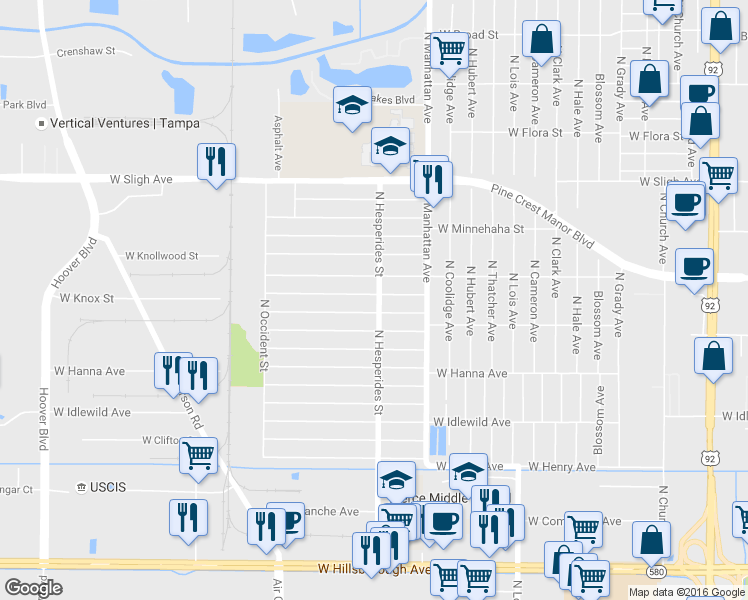 map of restaurants, bars, coffee shops, grocery stores, and more near 4502 West Knox Street in Tampa