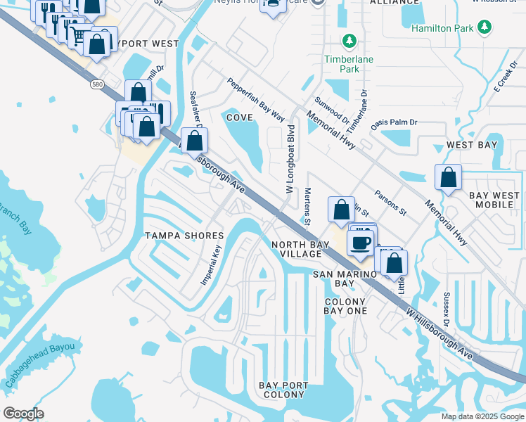 map of restaurants, bars, coffee shops, grocery stores, and more near 6348 West Longboat Boulevard in Town 'n' Country