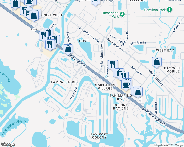 map of restaurants, bars, coffee shops, grocery stores, and more near 6348 West Longboat Boulevard in Town 'n' Country