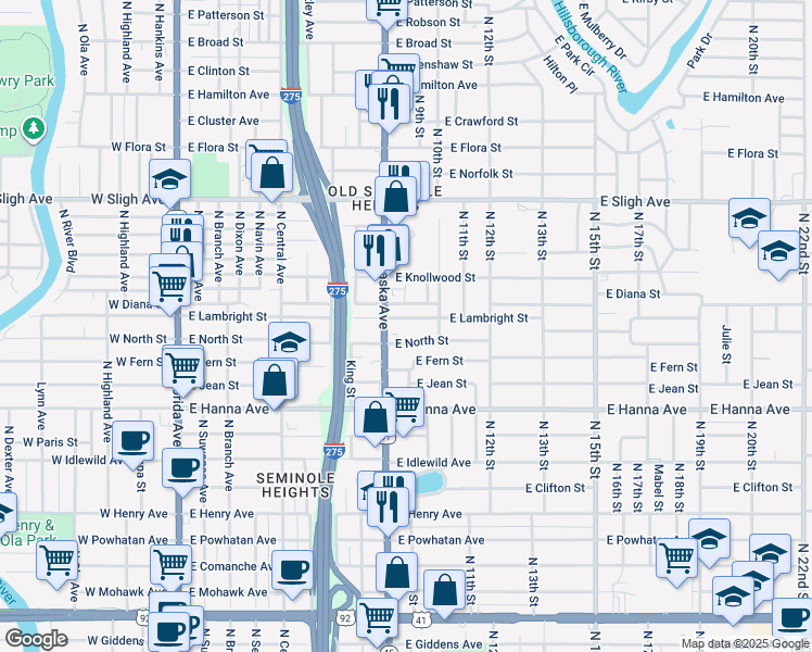 map of restaurants, bars, coffee shops, grocery stores, and more near 905 East Lambright Street in Tampa