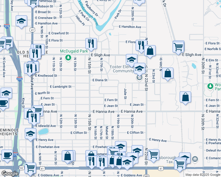 map of restaurants, bars, coffee shops, grocery stores, and more near 1717 Northeast Lambright Street in Tampa