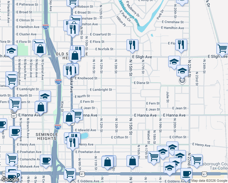 map of restaurants, bars, coffee shops, grocery stores, and more near 1211 East Lambright Street in Tampa