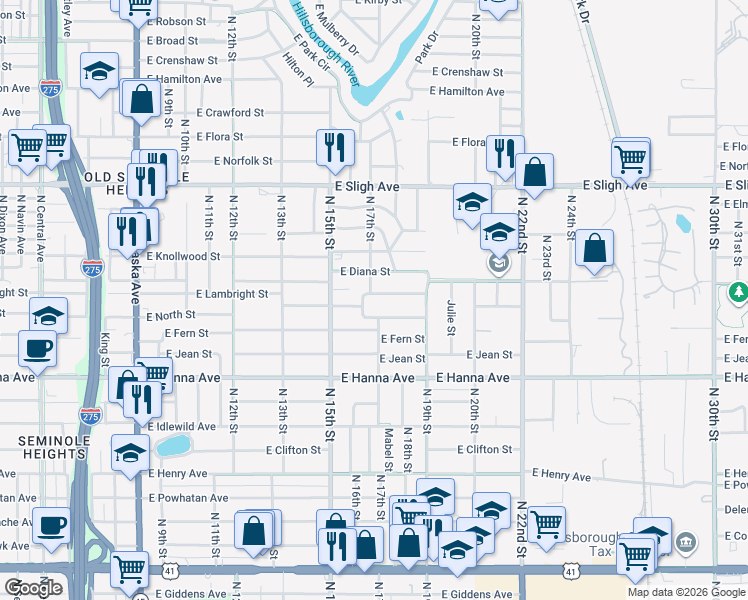 map of restaurants, bars, coffee shops, grocery stores, and more near 1701 Northeast Lambright Street in Tampa