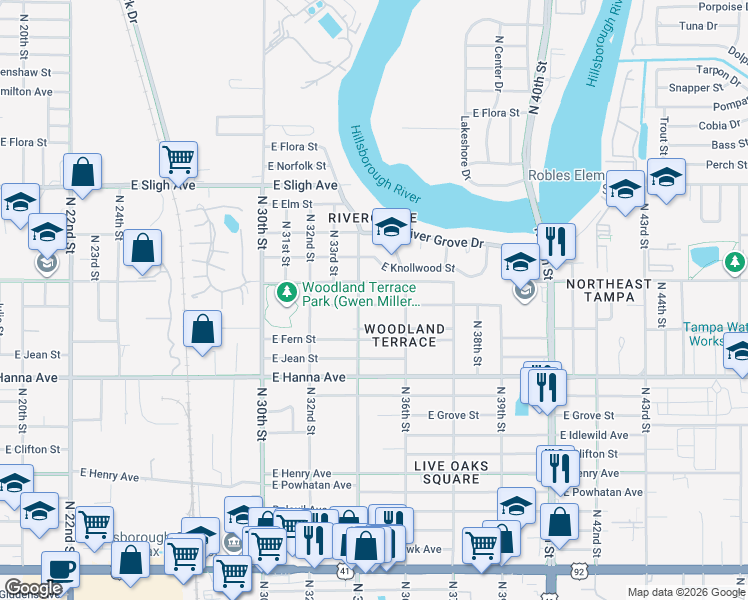 map of restaurants, bars, coffee shops, grocery stores, and more near 6411 North 34th Street in Tampa