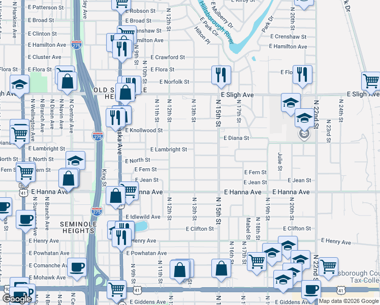 map of restaurants, bars, coffee shops, grocery stores, and more near 1211 East Lambright Street in Tampa