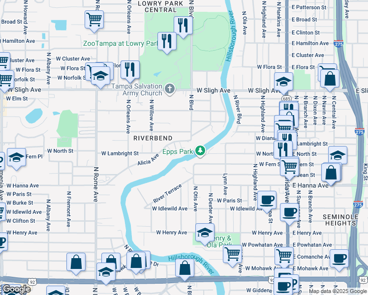 map of restaurants, bars, coffee shops, grocery stores, and more near 6603 North Riviera Manor Drive in Tampa