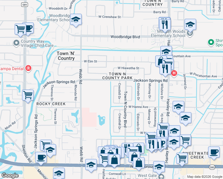 map of restaurants, bars, coffee shops, grocery stores, and more near 6422 Santa Monica Drive in Town 'n' Country
