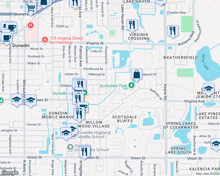 map of restaurants, bars, coffee shops, grocery stores, and more near 493 Pinewood Drive in Dunedin