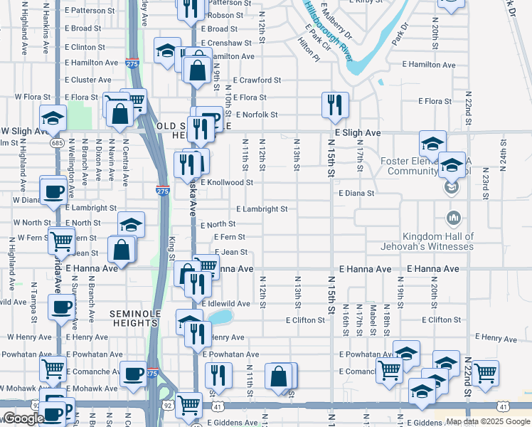 map of restaurants, bars, coffee shops, grocery stores, and more near 1201 East Lambright Street in Tampa