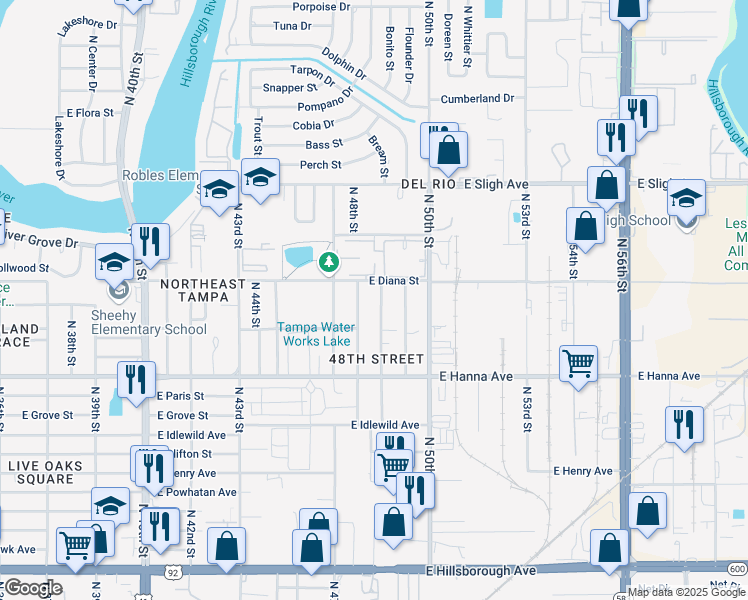 map of restaurants, bars, coffee shops, grocery stores, and more near 6422 North 49th Street in Tampa