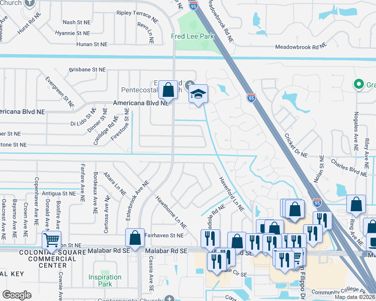 map of restaurants, bars, coffee shops, grocery stores, and more near 940 Forest Street Northeast in Palm Bay