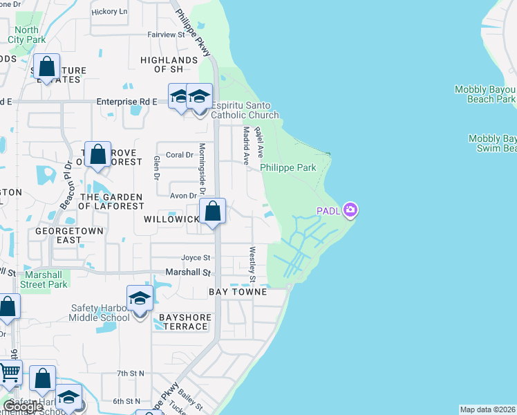 map of restaurants, bars, coffee shops, grocery stores, and more near 2012 Westley Court in Safety Harbor