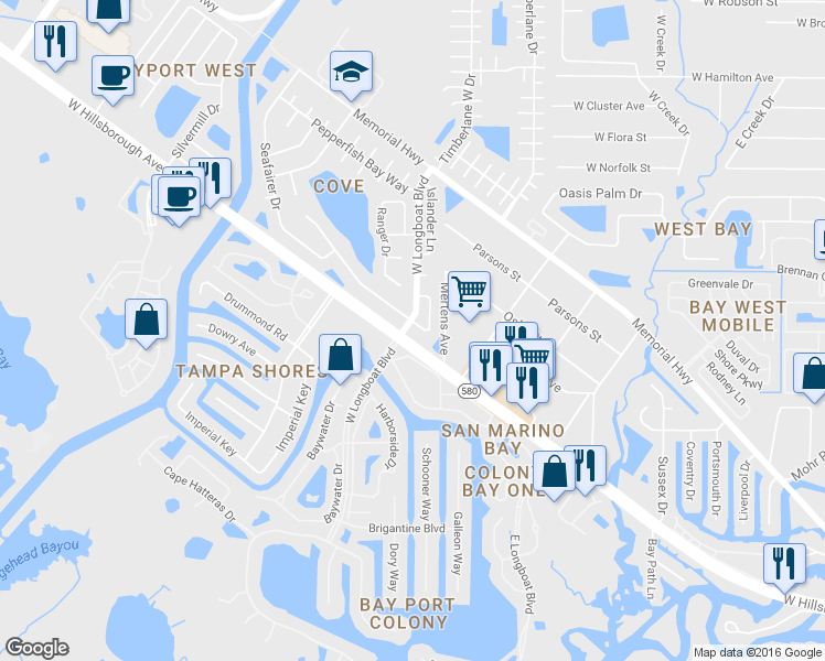 map of restaurants, bars, coffee shops, grocery stores, and more near 10326 Out Island Drive in Tampa
