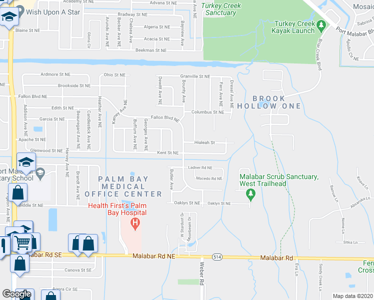 map of restaurants, bars, coffee shops, grocery stores, and more near 2205 Kent Street Northeast in Palm Bay
