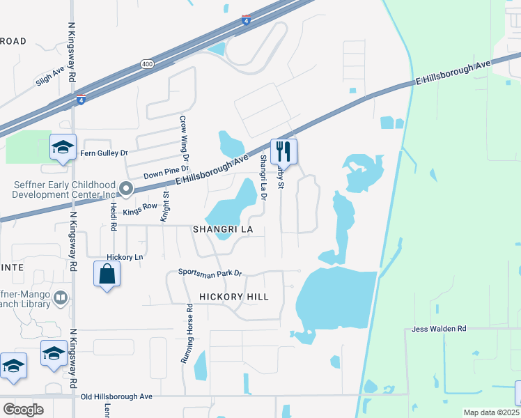 map of restaurants, bars, coffee shops, grocery stores, and more near 902 Shangri La Drive in Seffner