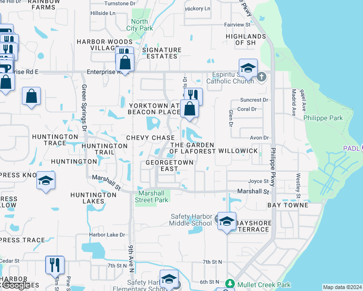 map of restaurants, bars, coffee shops, grocery stores, and more near 1403 Country Trails Drive in Safety Harbor