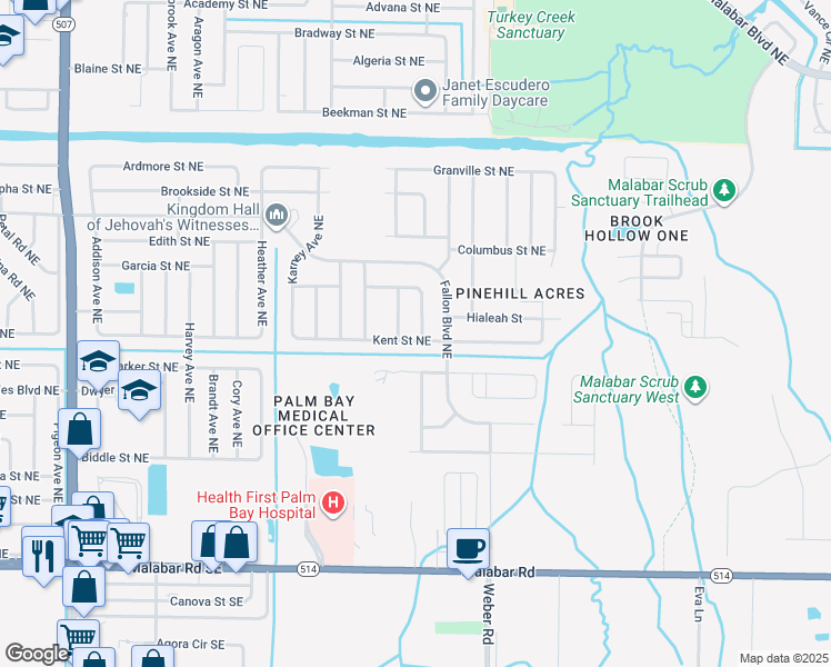 map of restaurants, bars, coffee shops, grocery stores, and more near 2135 Kent Street Northeast in Palm Bay