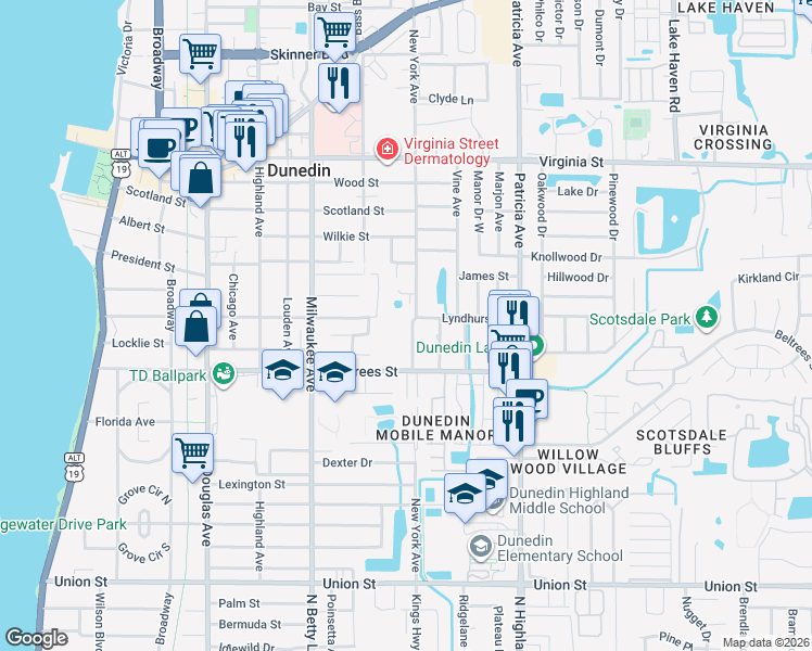 map of restaurants, bars, coffee shops, grocery stores, and more near 450 New York Avenue in Dunedin