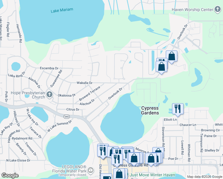 map of restaurants, bars, coffee shops, grocery stores, and more near 555 Alachua Drive in Winter Haven