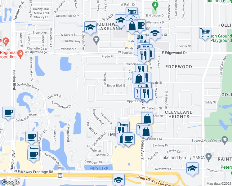 map of restaurants, bars, coffee shops, grocery stores, and more near 407 Boger Boulevard South in Lakeland