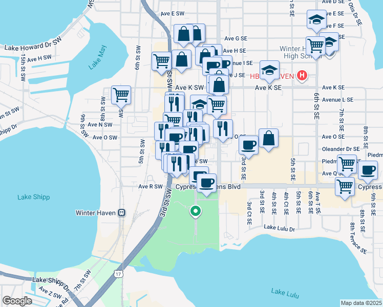 map of restaurants, bars, coffee shops, grocery stores, and more near 1544 Ave O Southwest in Winter Haven