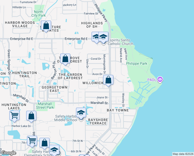 map of restaurants, bars, coffee shops, grocery stores, and more near 1225 Willowick Circle in Safety Harbor
