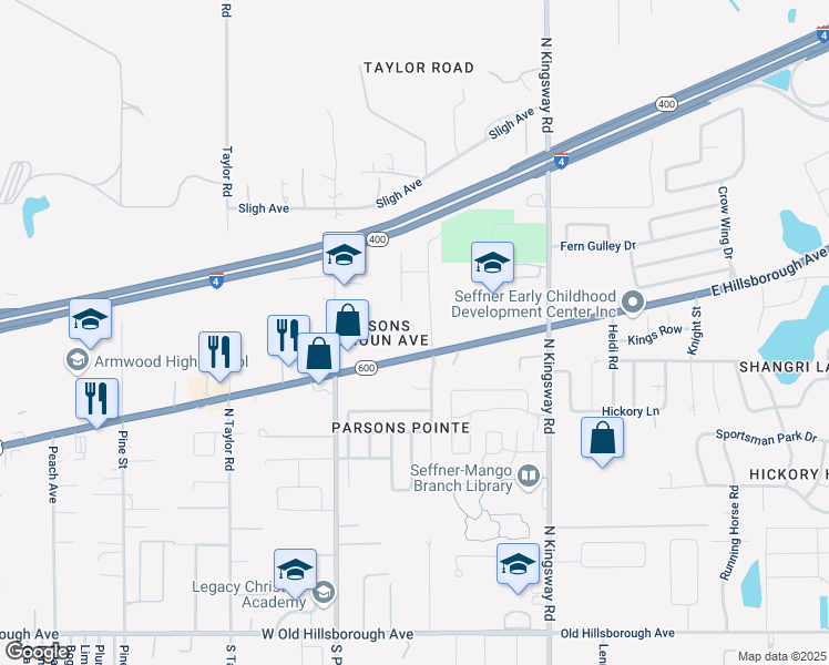 map of restaurants, bars, coffee shops, grocery stores, and more near 920 Brinwood Drive in Seffner