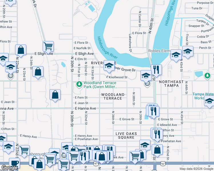 map of restaurants, bars, coffee shops, grocery stores, and more near 6411 North 34th Street in Tampa
