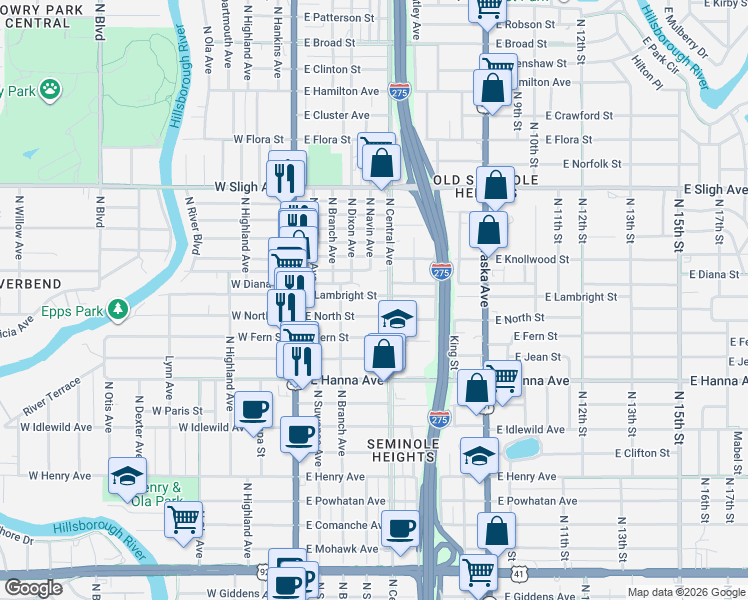 map of restaurants, bars, coffee shops, grocery stores, and more near 311 East Lambright Street in Tampa