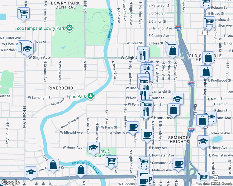 map of restaurants, bars, coffee shops, grocery stores, and more near 320 West Lambright Street in Tampa