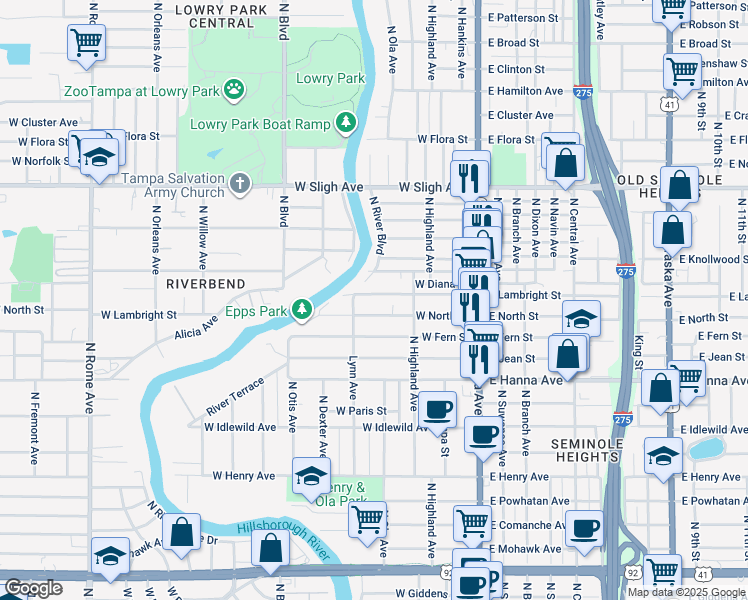 map of restaurants, bars, coffee shops, grocery stores, and more near 320 West Lambright Street in Tampa