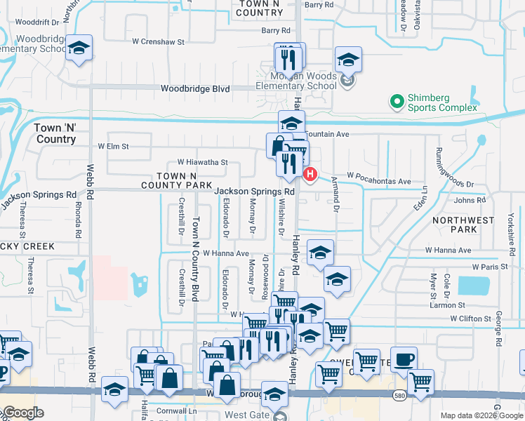 map of restaurants, bars, coffee shops, grocery stores, and more near 6416 Rosewood Drive in Tampa